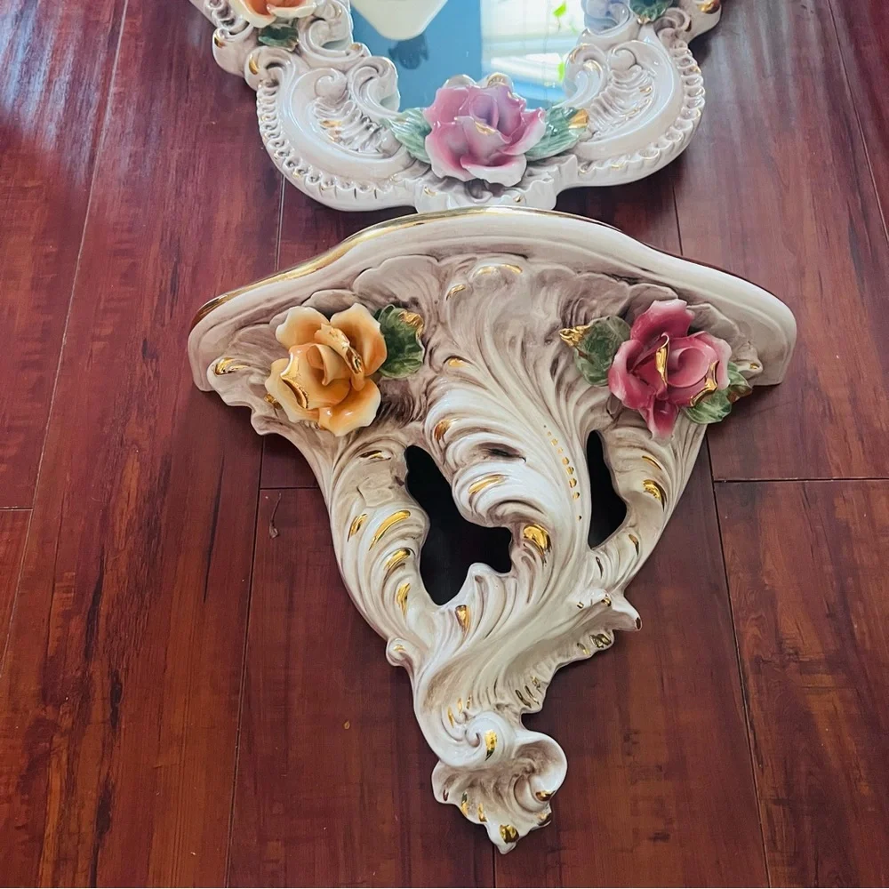 Vintage Hand‑Sculpted Italian Capodimonte Ceramic Mirror & Shelf Set